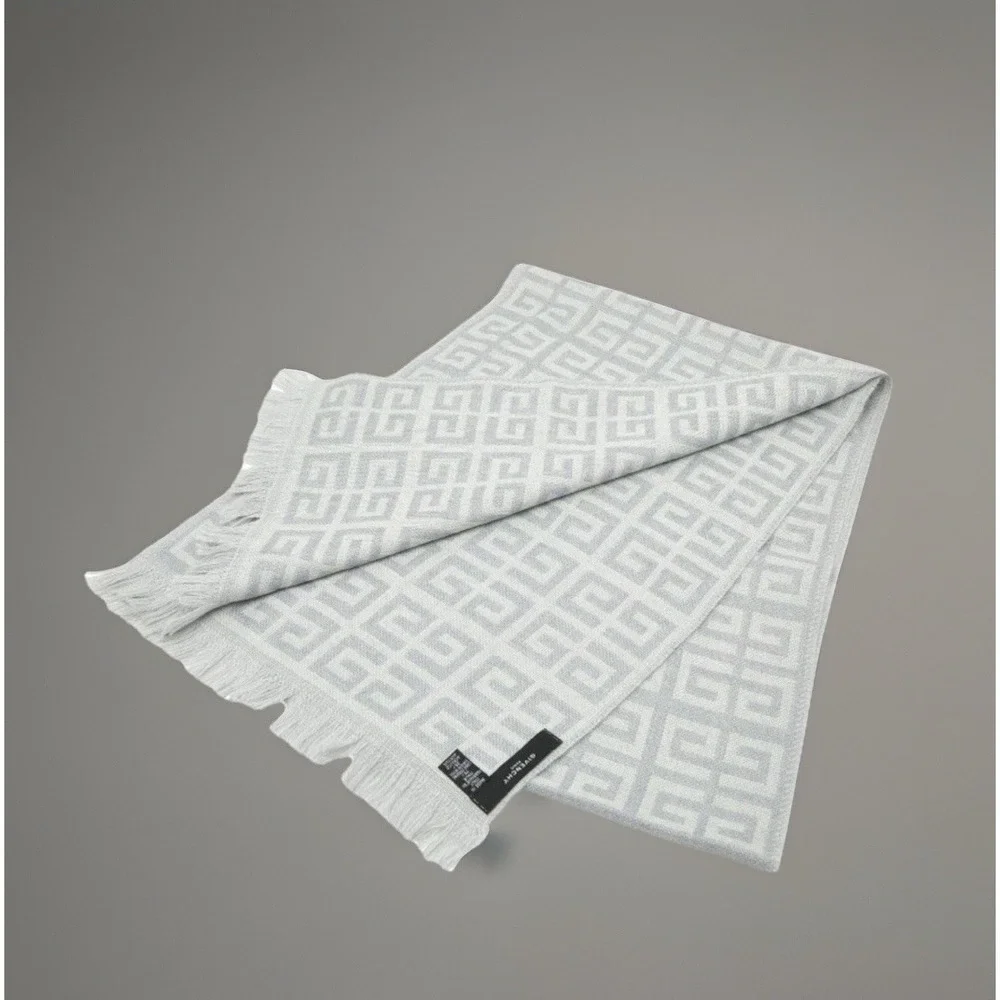 Givenchy Scarf Light Grey White Monogram Virgin Wool Blend Fringe Made in Italy